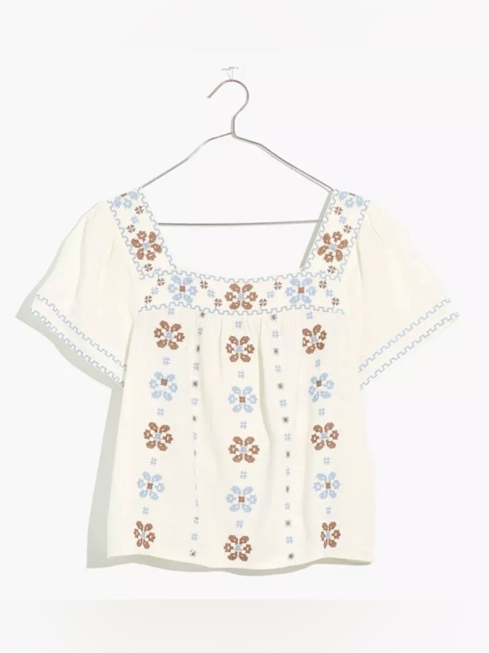 Madewell Cream Cottagecore Top with Blue & Brown Embroidery